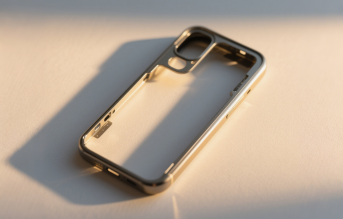 Gold-plated smartphone case exemplifying CNC-turned copper contact pins and aluminum enclosures with 0.01mm positional accuracy.