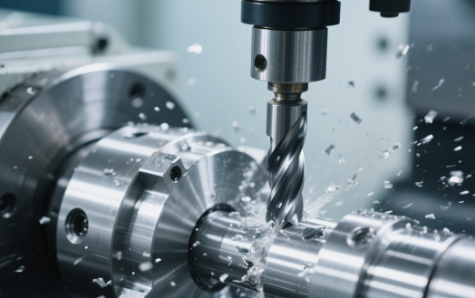 Close-up of a CNC lathe performing high-speed turning on a rotating metal workpiece, with visible sparks flying as the cutting tool engages. The blurred factory background emphasizes the precision machining action, demonstrating industrial manufacturing processes for aerospace and automotive applications.