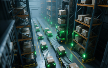 Automated warehouse with green-lit robotic arms, featuring CNC-machined harmonic drive components achieving 0.001° rotational precision.